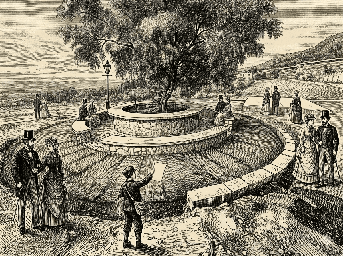 Victorian-style engraving of a circular stone planter with people gathered around