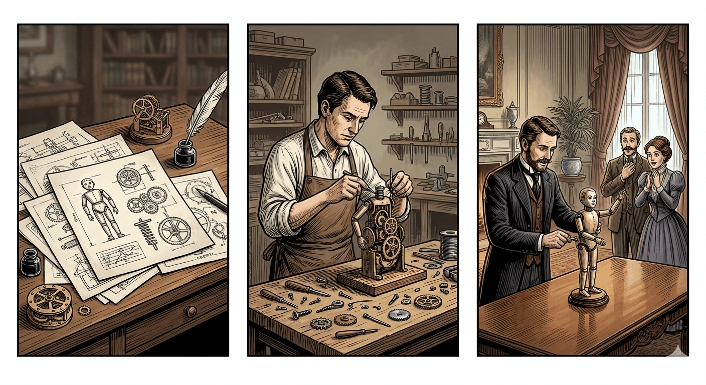 Triptych illustration of an inventor designing and assembling an automaton, then presenting it